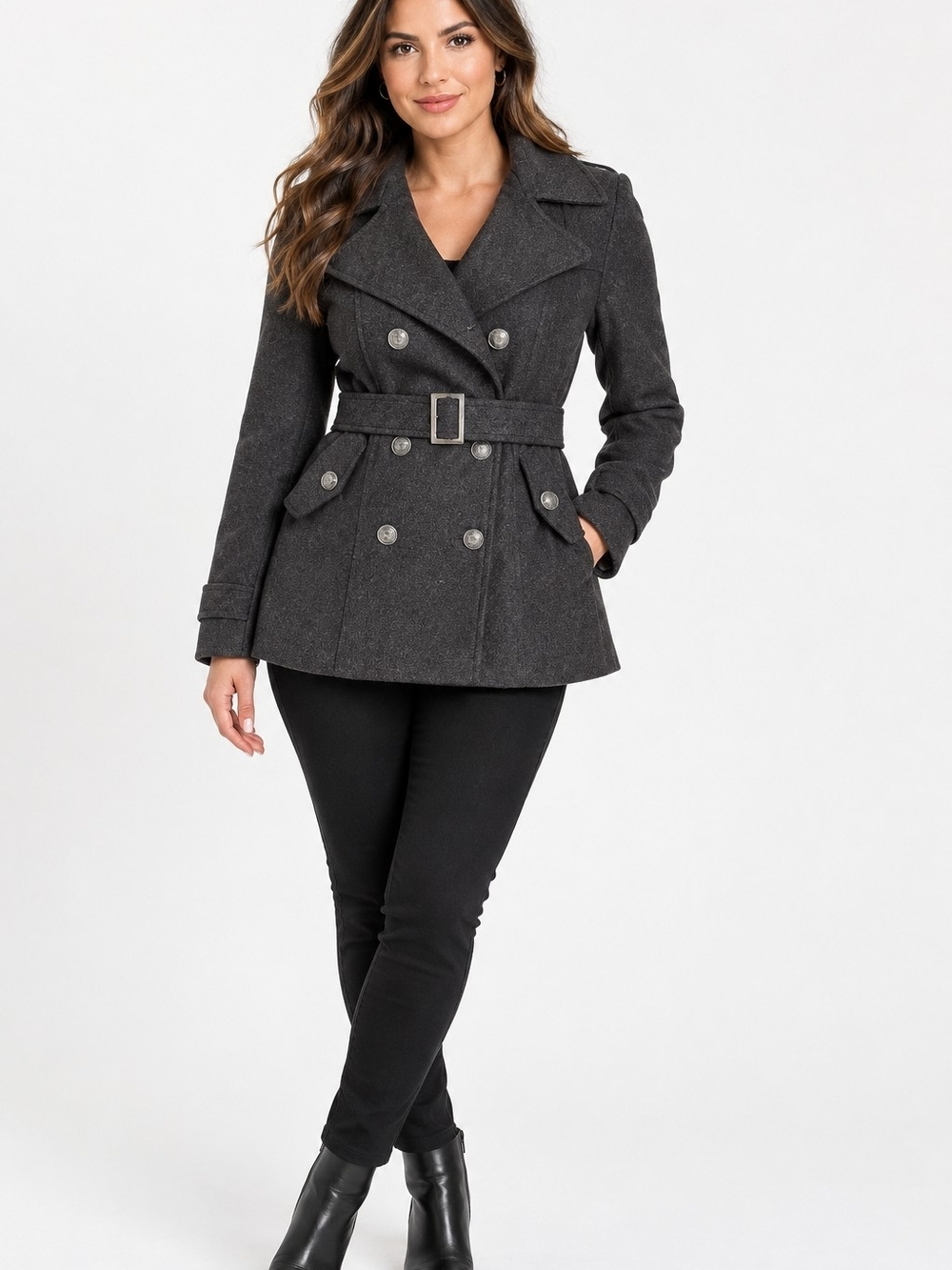 Iris Basic Charcoal Gray Double-Breasted Belted Peacoat